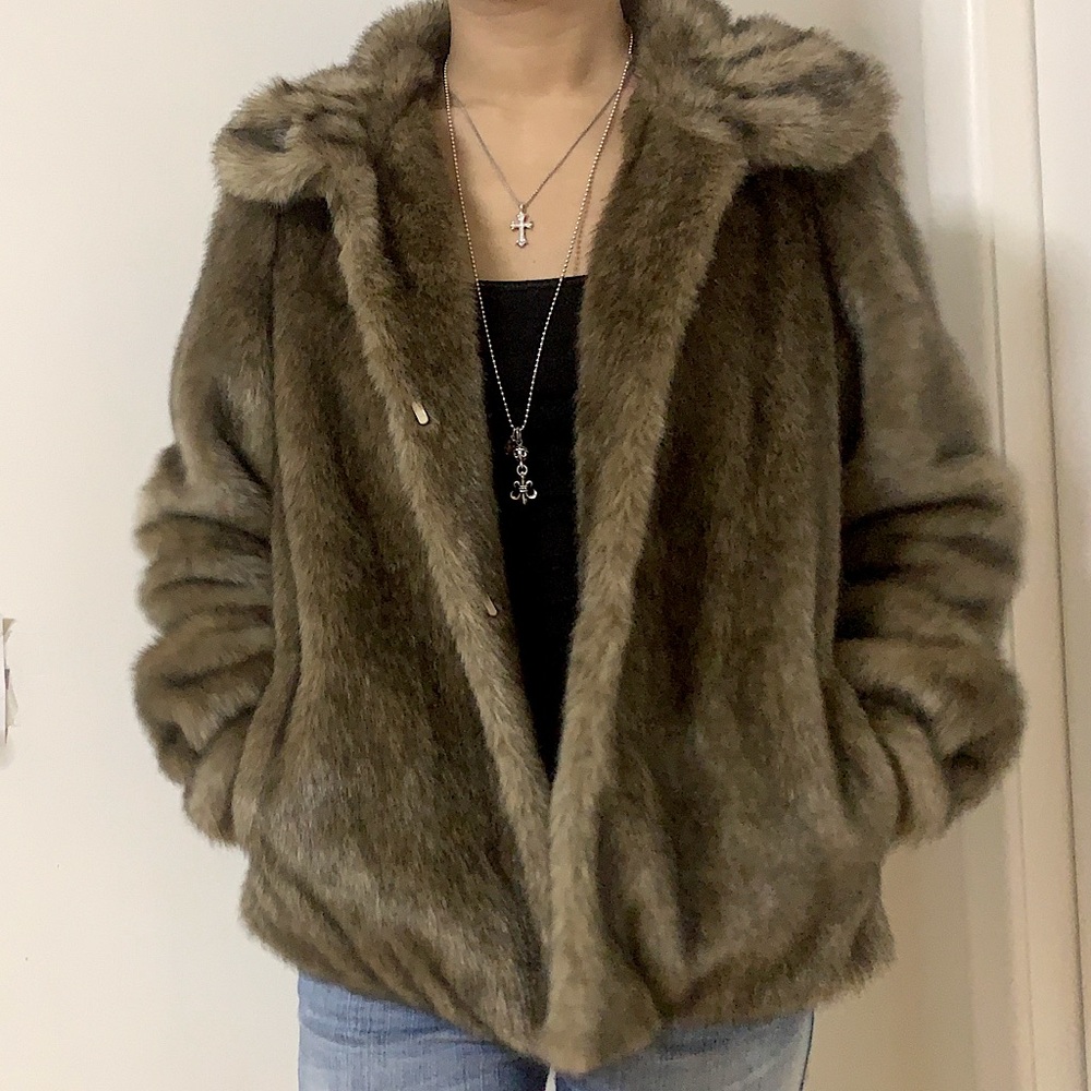 Mob Wife Brown Faux Fur Short Collar Jacket